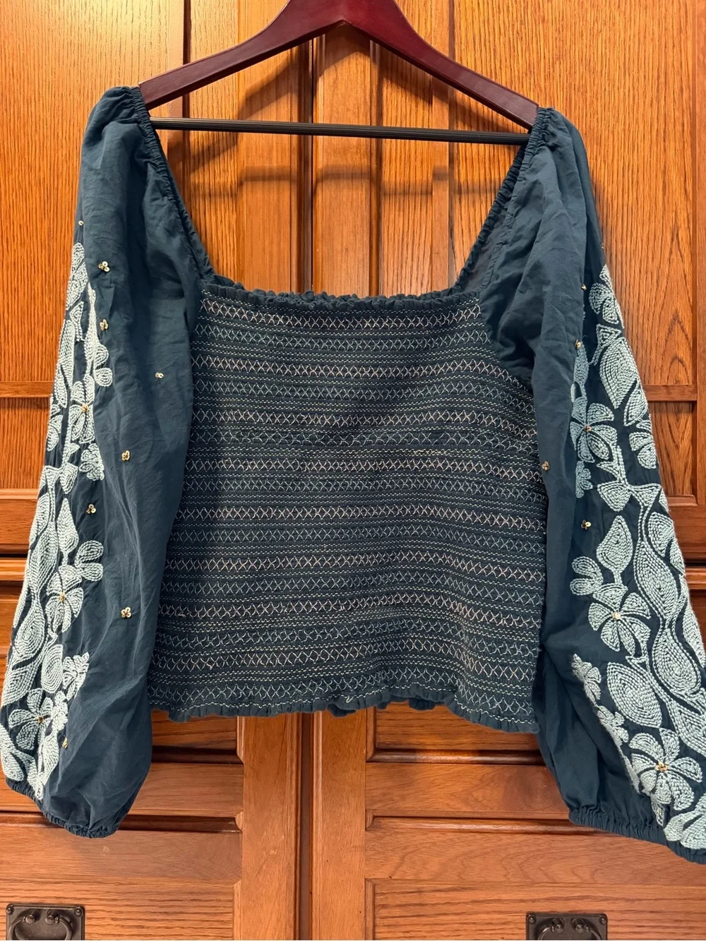 Anthropologie Smocked Embroidered Square Neck Puff Sleeve Sequin Boho Peasant
